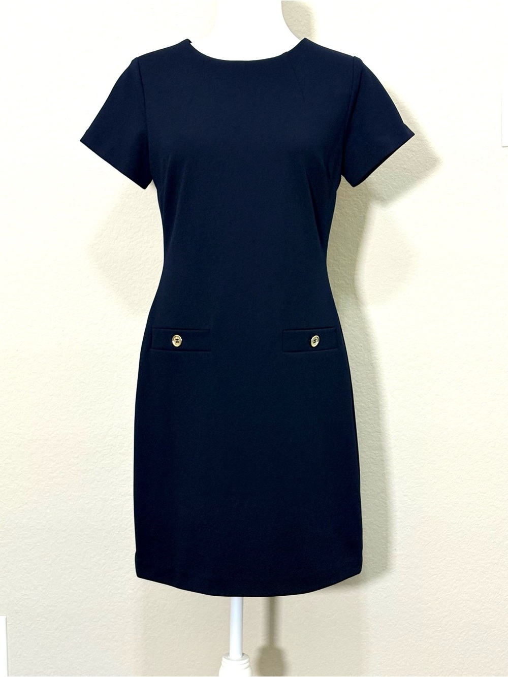 Tommy Hilfiger Navy Blue Scuba Crepe Short Sleeve Faux Pocket Shift Dress Size 4